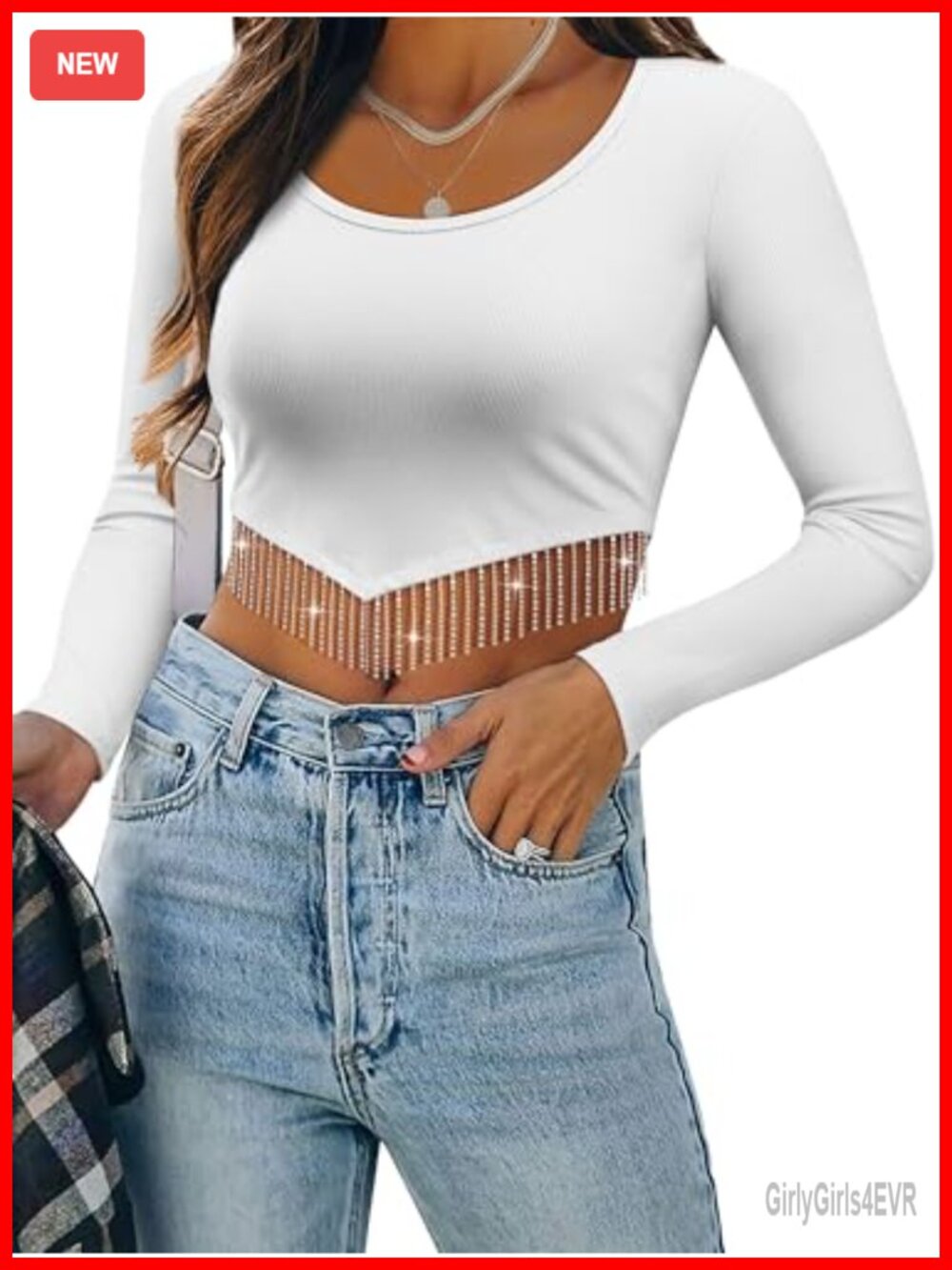 Sparkly Rhinestone Fringe Long Sleeve Crop Top Slim Fit Party Tee